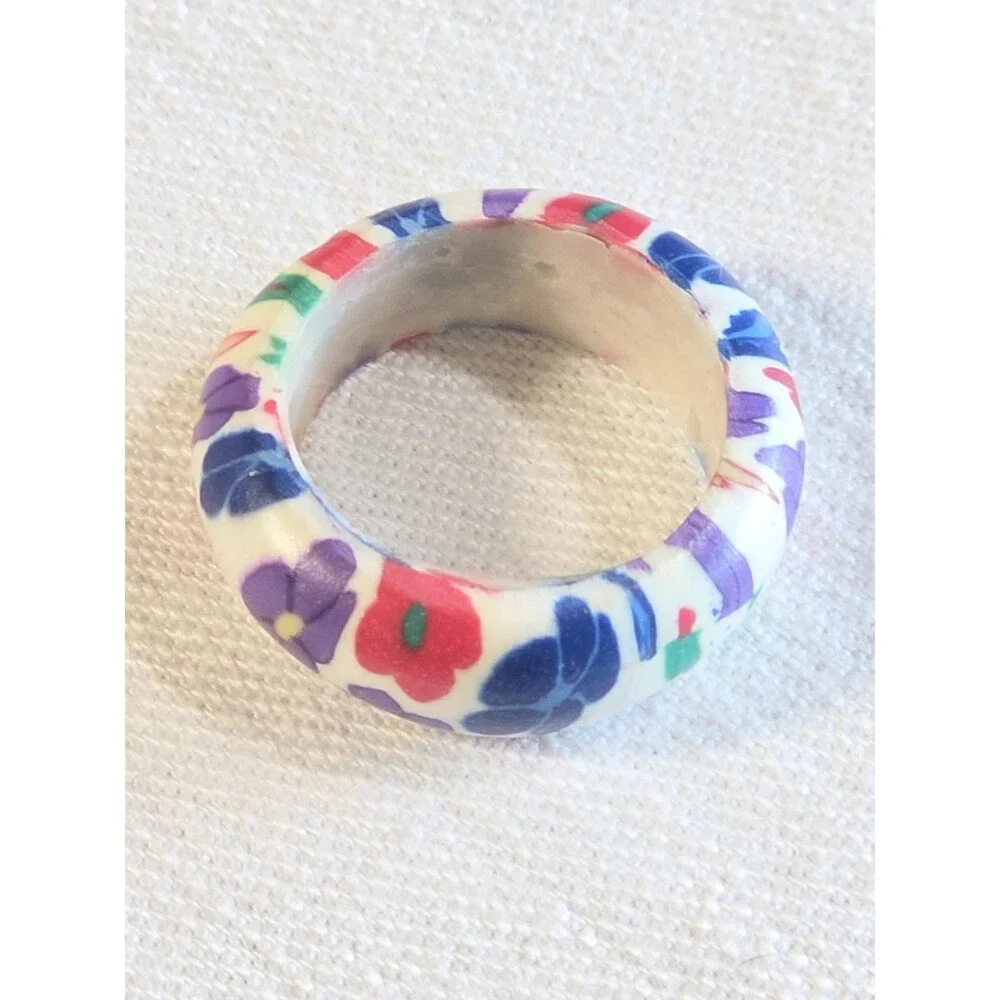 3 Vintage Y2K Reverse Paint Plastic Acrylic Dome Rings + Bonus Polymer Clay Ring